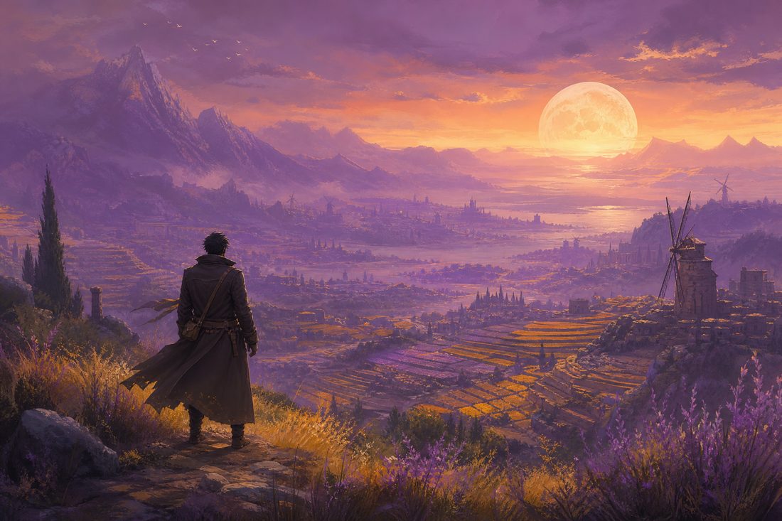 A cloaked traveller stands at the edge of a vast violet-tinted valley at dusk with terraced fields, distant windmills and a pale low moon