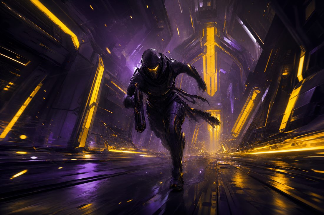 A dark angular metal corridor lit by glowing mustard strip lights with a silhouetted armoured figure sprinting toward the camera in motion blur