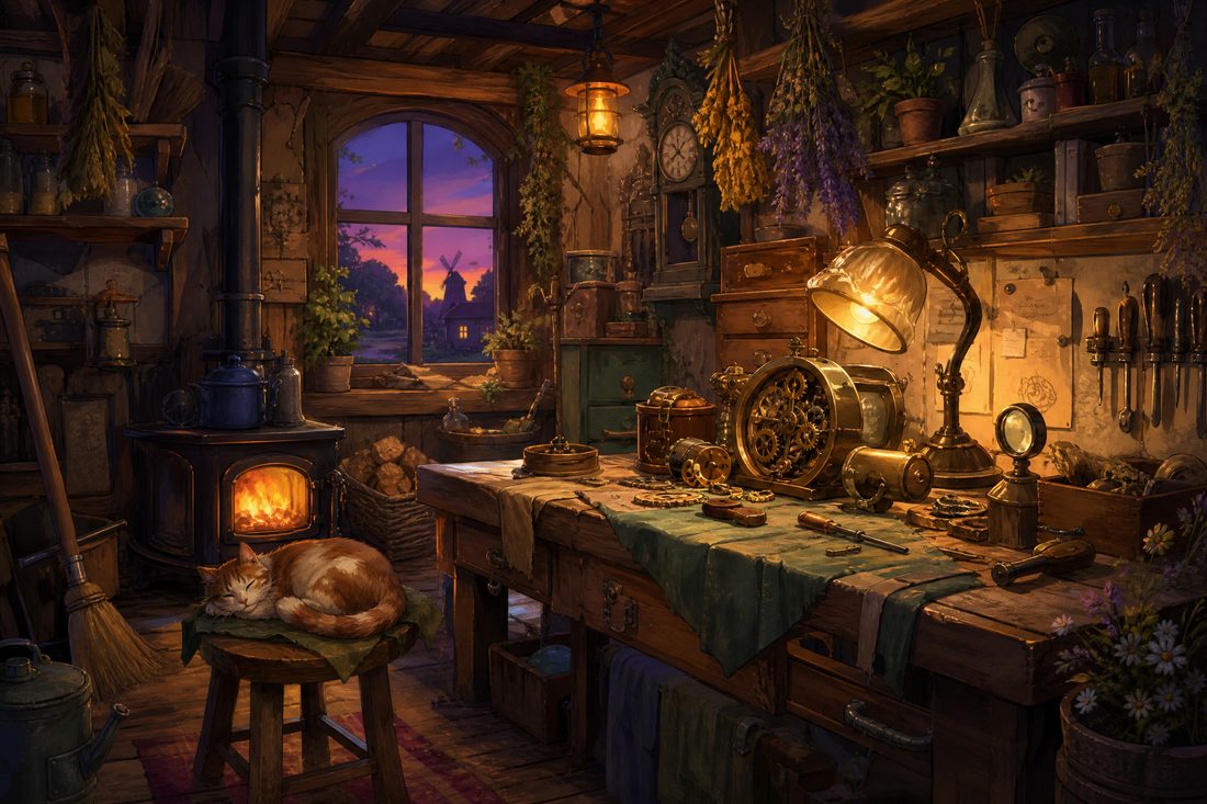 A cluttered wooden workshop interior with a burning stove, hanging herbs, half-mended clockwork devices on a bench and a cat asleep on a stool