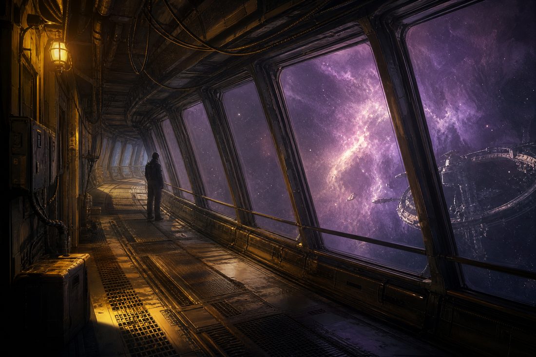 A curved space station observation corridor with tall windows looking onto a violet nebula, floor grating, hanging cables and a single mustard emergency lamp