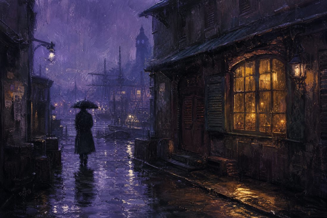 A narrow rainy cobbled port lane at night in violet haze, with a mustard-lit tavern window and a lone figure under an umbrella walking away from the camera