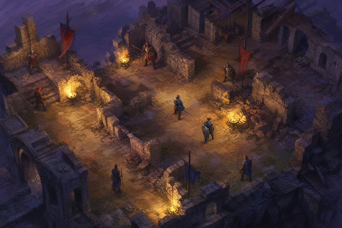 An overhead view of a ruined stone courtyard divided by low walls with small armoured figures and mustard torchlight