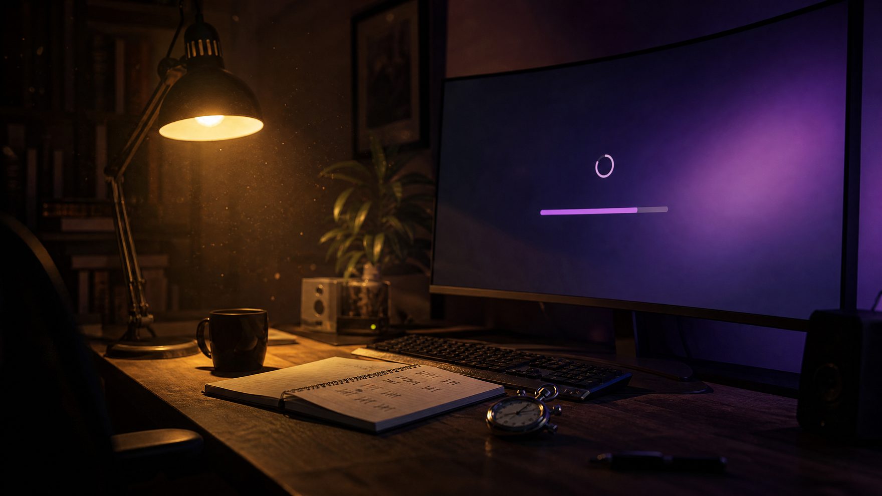 A dim night-time desk with a curved monitor showing a violet loading bar, a stopwatch and a notebook of tally marks beside the keyboard